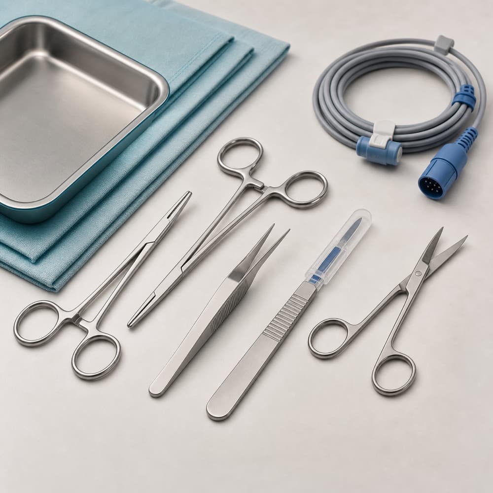 Stainless-steel medical instruments, tray, and diagnostic cable accessories.