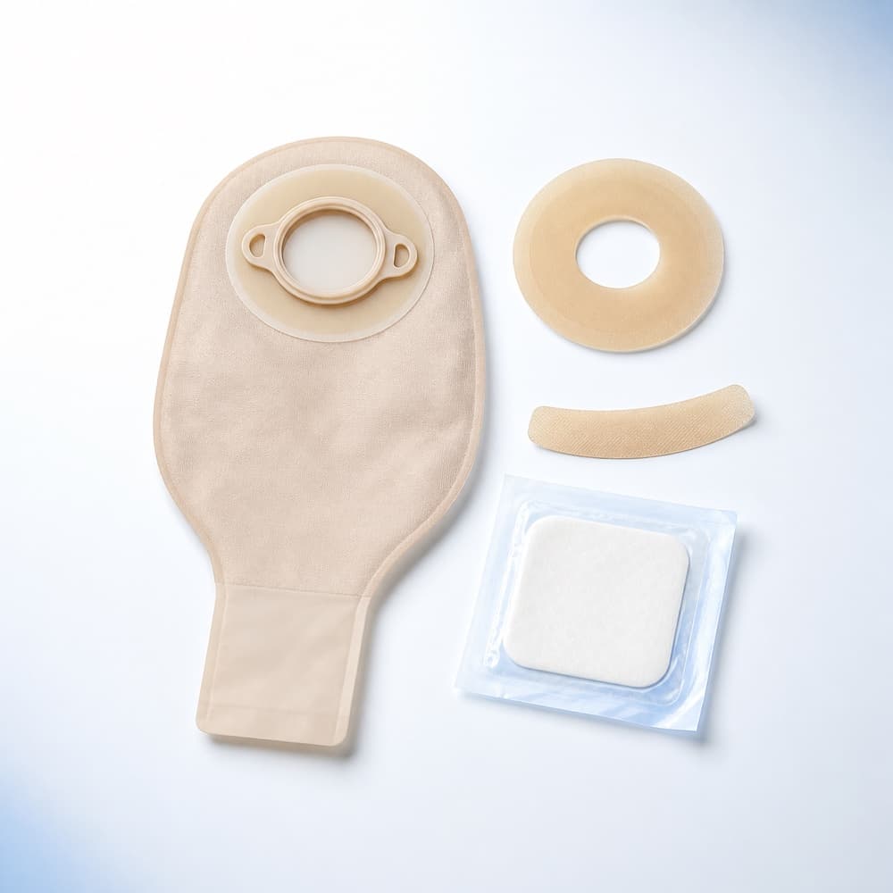 Ostomy pouch, barrier ring, strip, and protective dressing.