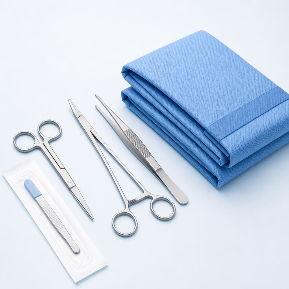Sterile surgical instruments and drapes.